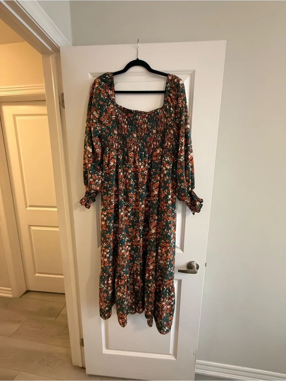 Floral Smocked Maternity Maxi Dress in Teal and Rust - Picture 2 of 4